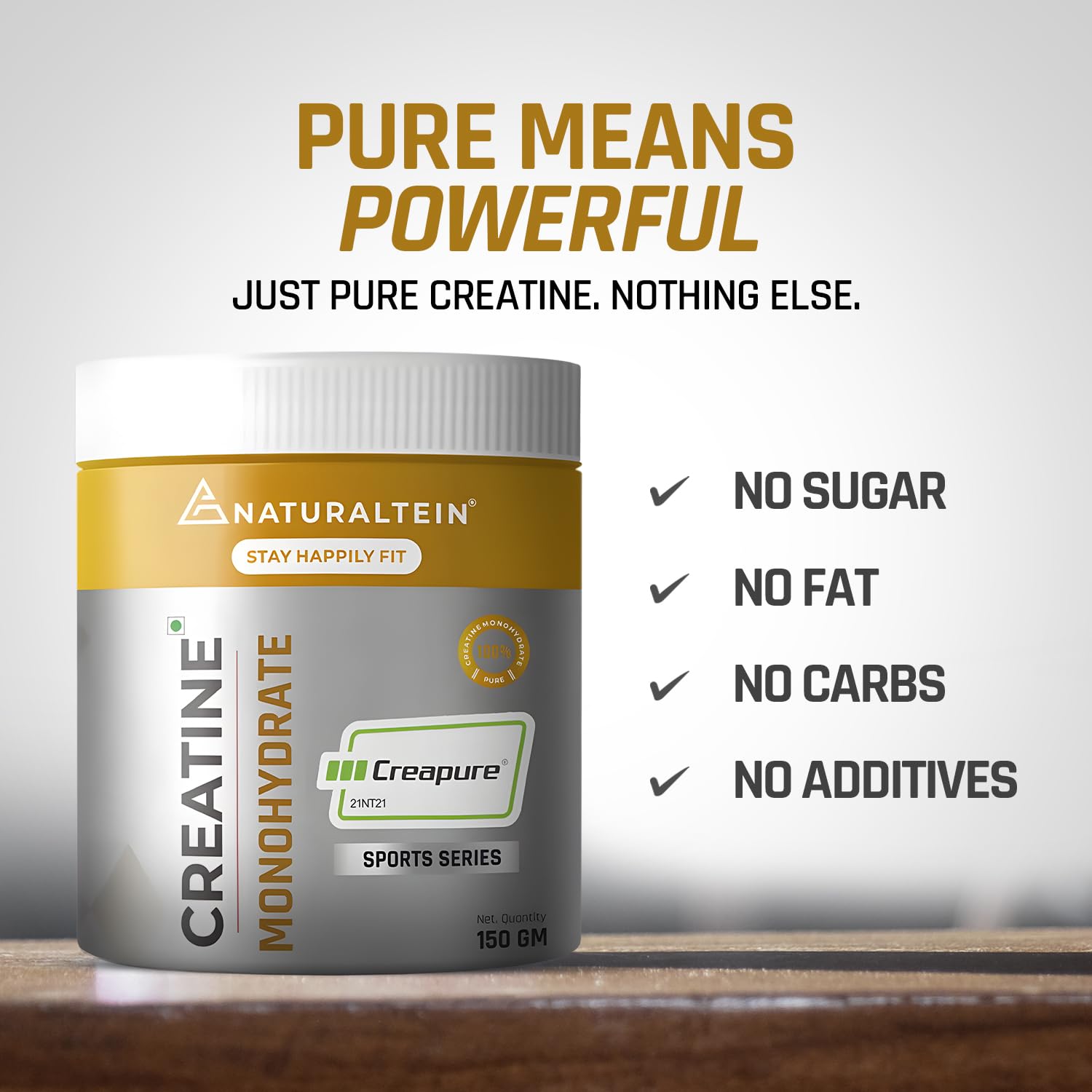 Creatine monohydrate supplement container with branding and product details on a white background.