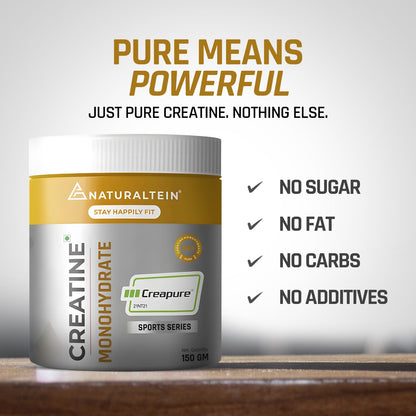 Creatine monohydrate supplement container with branding and product details on a white background.