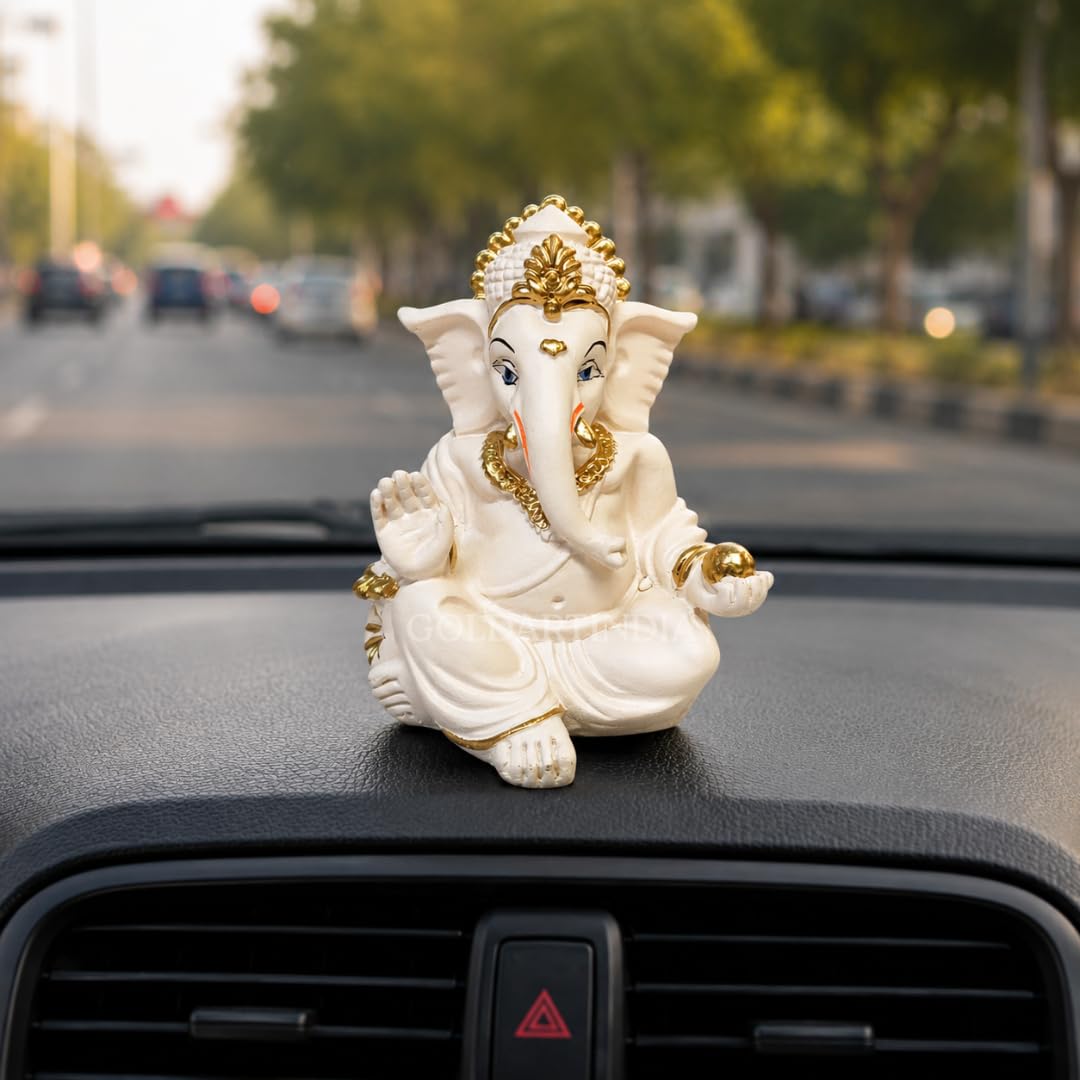 Gold Art India Synthetic-Resin Ganesha Idol | Ganesh Statue Home Decor | Ganesha Murti Office Desk, & Ganpati Idol Car Dashboard | Unique Wedding & Birthday Gift (Gaddipeachivory) 3.5", Fantasy