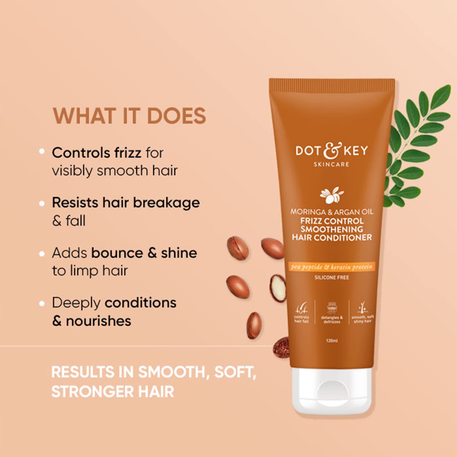 Zephivo Dot & Key Moringa & Argan Oil Fizz Control Smoothening Hair Conditioner | Hair Fall Control Conditioner for Dry| Sulphate Free | For Strong & Smooth Hair | For Women & Men | 120 millilitre
