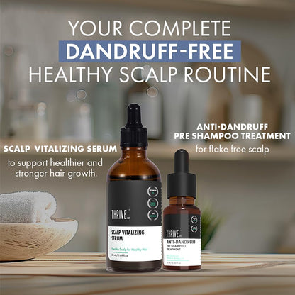 Two bottles of Thrive hair care products on a wooden surface with a blurred bathroom background.