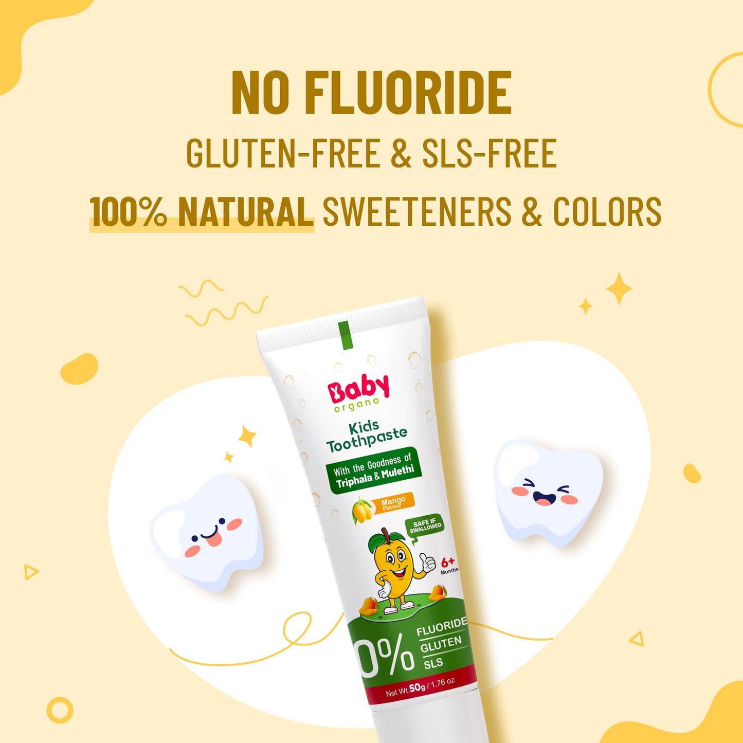 BabyOrgano Ayurvedic Kids Toothpaste for 6+ Months | Mango Flavour | Babool, Mulethi, Triphala & Khadir | Strengthens Gums & Cavity Prevention | Fluoride & SLS Free | FDCA Approved | 50g (Pack of 1)