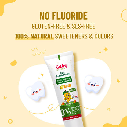 BabyOrgano Ayurvedic Kids Toothpaste for 6+ Months | Mango Flavour | Babool, Mulethi, Triphala & Khadir | Strengthens Gums & Cavity Prevention | Fluoride & SLS Free | FDCA Approved | 50g (Pack of 1)