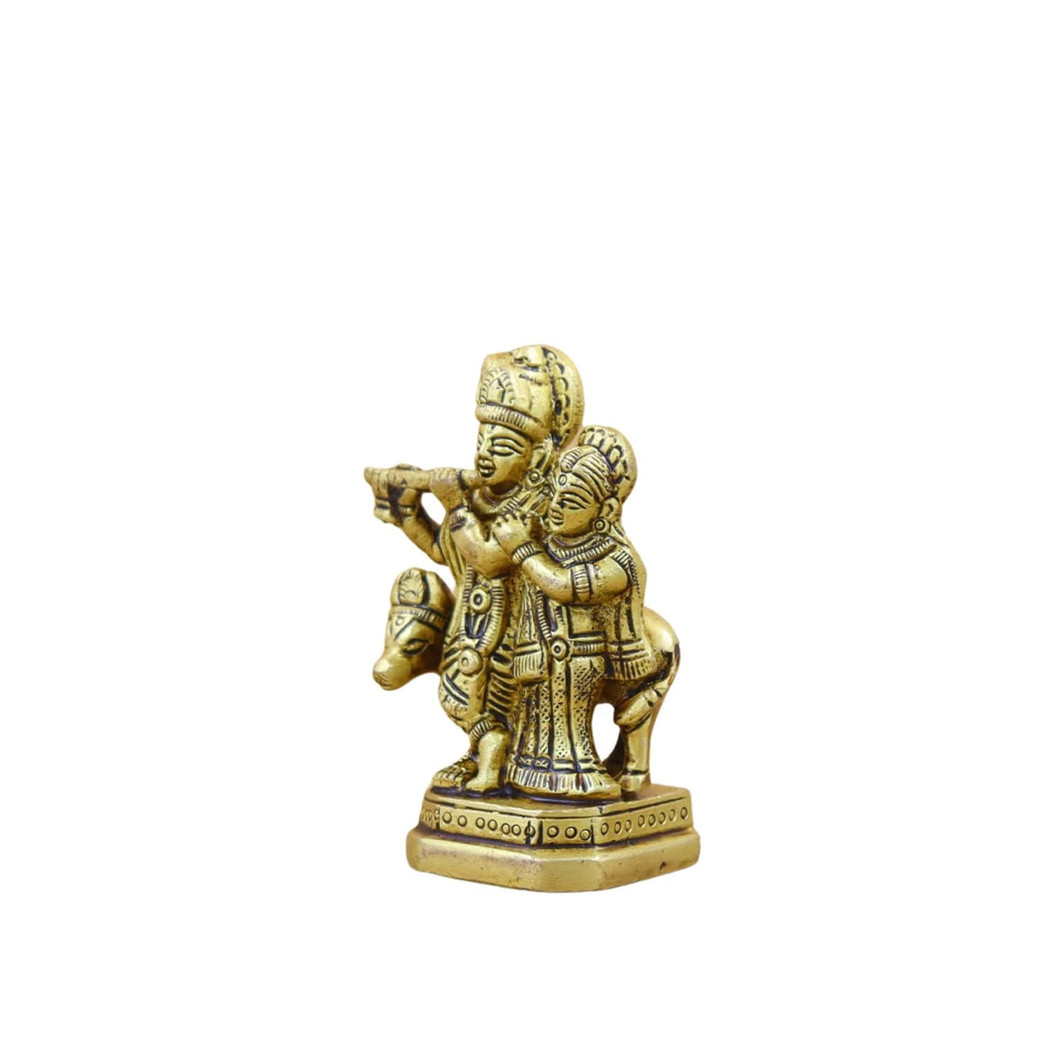 Gold Plated Brass Radha Krishna Idol with Kamdhenu Cow for Home Dcor, Puja, and Gifting | Elegant Spiritual Figurine for Living Room, Office, or Personal Altar