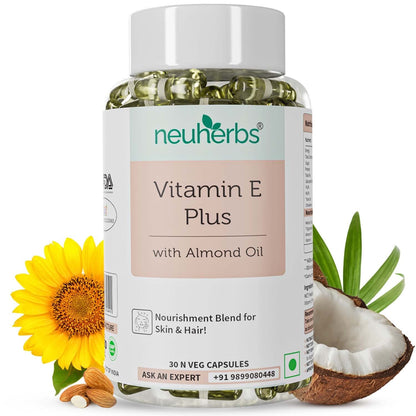Neuherbs Vitamin E Capsules for Face & Hair | Plant Based Vitamin E Skin Supplement with Almond Oil & Sunflower Oil for Glowing Skin & Stronger Hair | 100% Vegan | Naturally Gluten Free - 30 Capsules