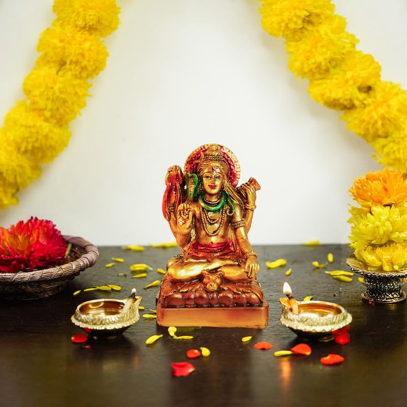 Aura Series Antique Gold Painted Lord Shiva Idol for Home (5 inch) | Marble Dust Lord Siva Statue for Pooja Room, Home Decor & Office | Resin Shiv Ji Murti | Sitting Bholenath Murti for Gift