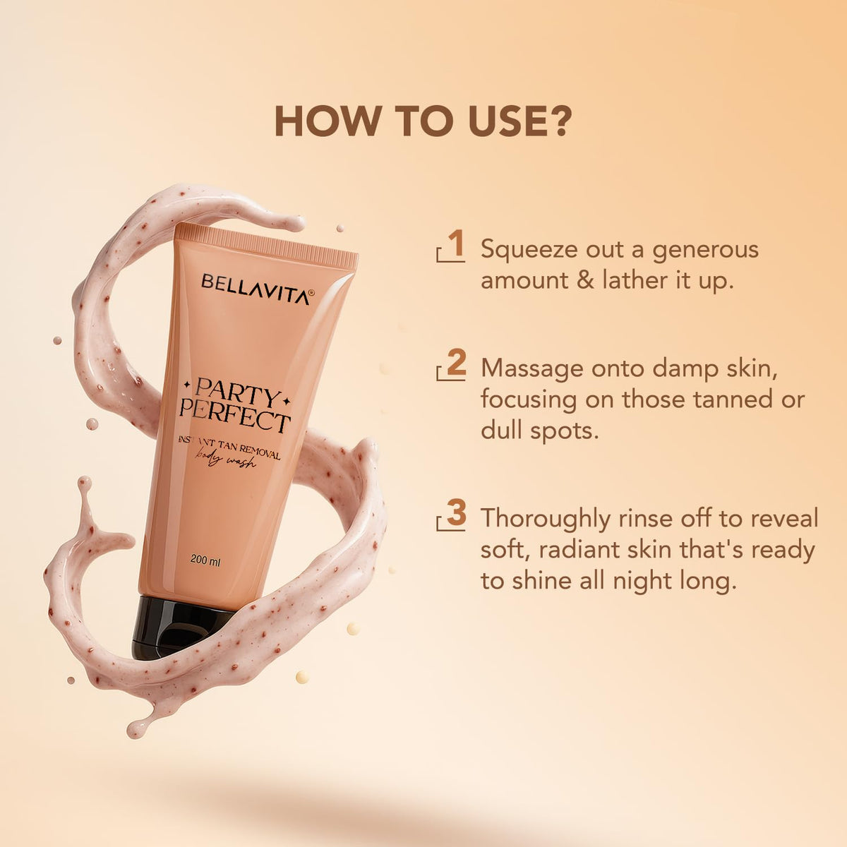 Bellavita body wash tube with usage instructions on a beige background