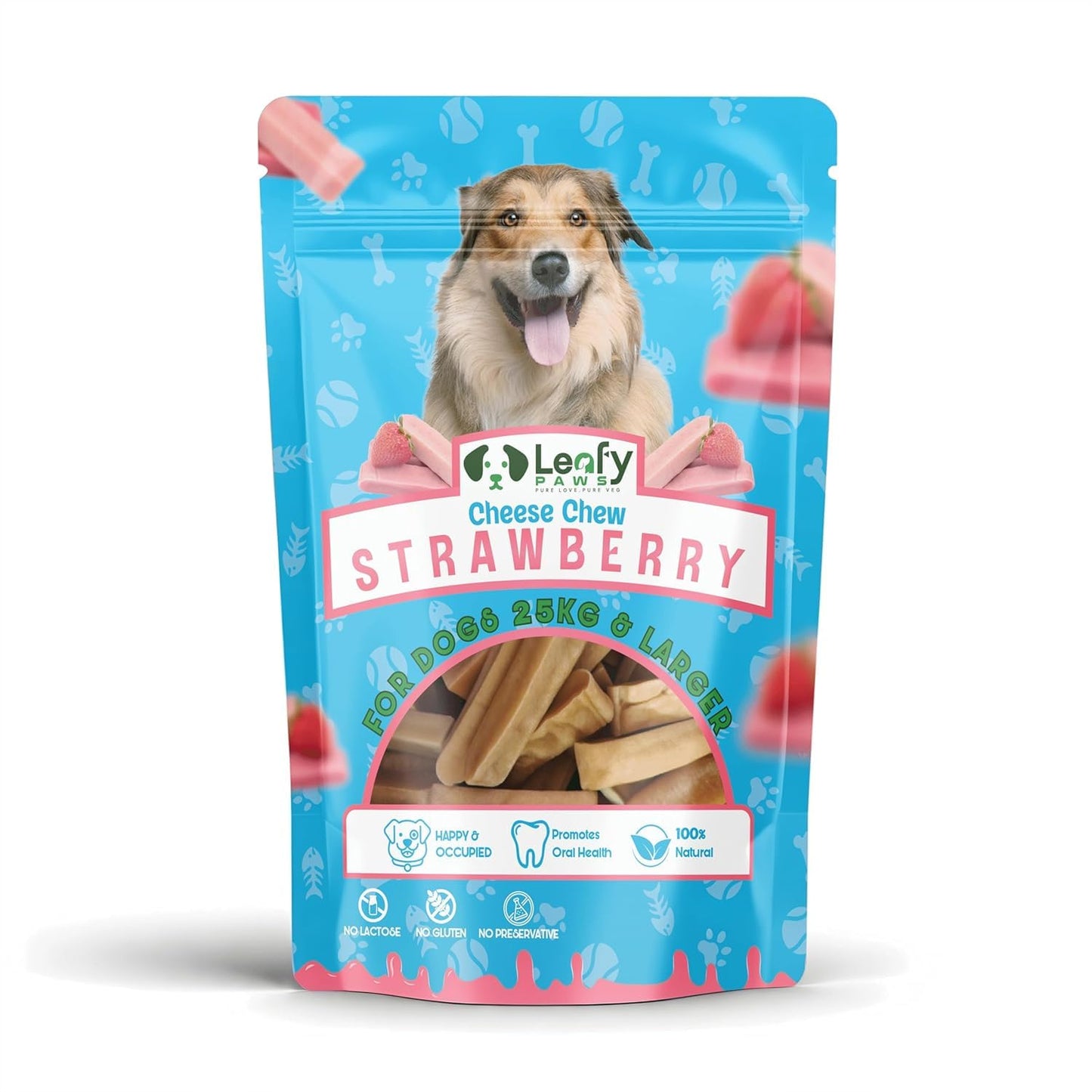 LeafyPaws Himalayan Cheese Chew Dog Treats (65g) | 100% Natural Long Lasting Yak Milk Chews for Medium & Large Dogs (25kg+) | Lactose Free, Grain Free, No Preservatives, Dental Support (Strawberry)