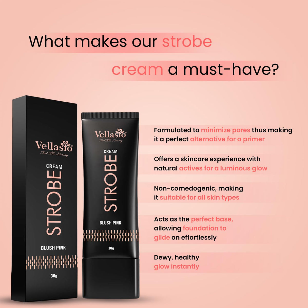 Vellasio Strobe Cream packaging with product description on a pink background