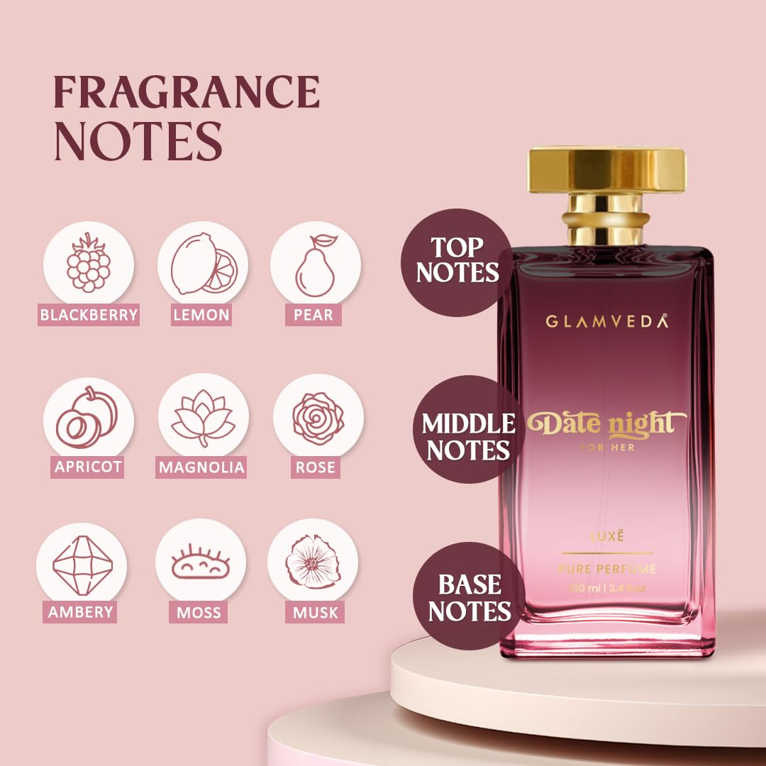 Glamveda Luxury Date Night Long Lasting | Perfume for Woman 100ml | Gifts for Woman | with Blackberry, Pear, Rose, Musk | Floral & Fruity Premium Perfume for Women