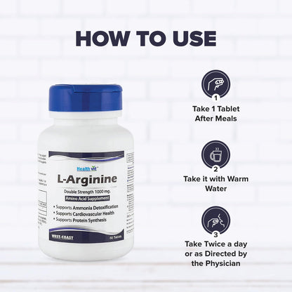 Healthvit L-Arginine supplement bottle with usage instructions on a white background
