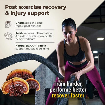 Woman exercising with text about post-exercise recovery and injury support, featuring chaga and reishi mushrooms.