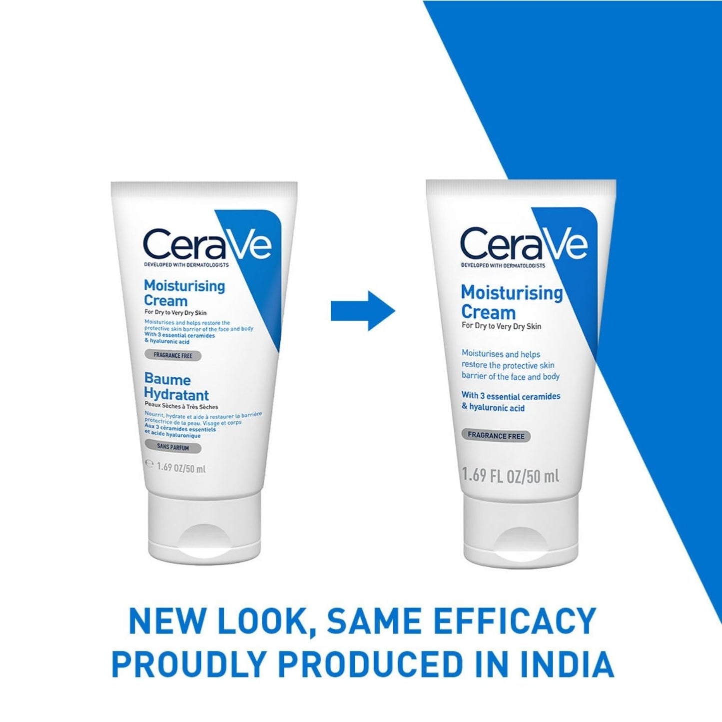 Two tubes of CeraVe moisturizing cream with a blue arrow and text on a white and blue background.