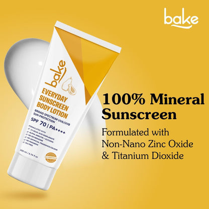 BAKE Everyday Brightening SPF 70 PA++++ Body Sunscreen Lotion | De-Tan Body Lotion | 1% Kojic Acid, Alpha Arbutin | Broad Spectrum UVA & UVB Protection | For Tan Removal, Sun Protection - 200ml