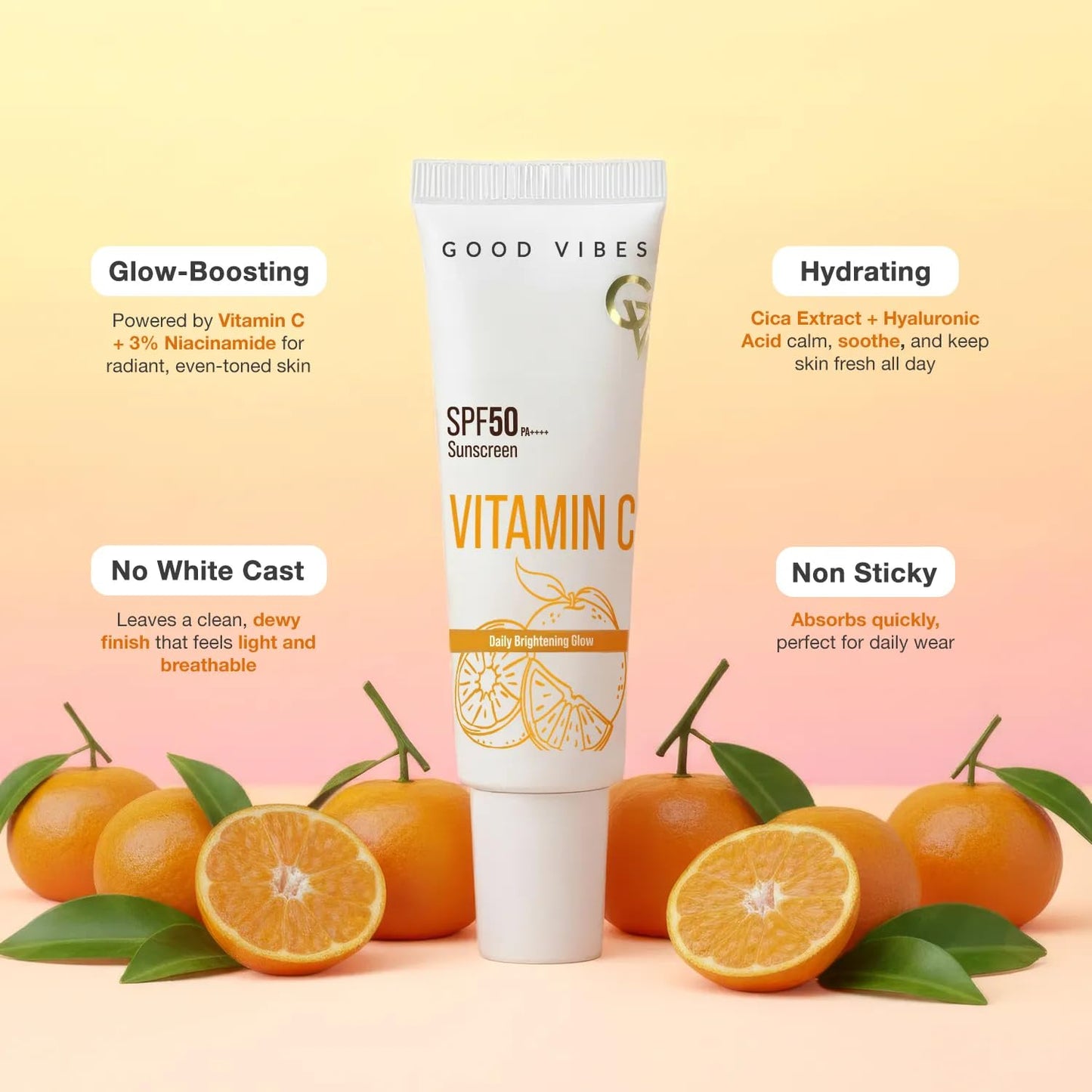 Good Vibes Vitamin C SPF 50 PA++++ Sunscreen | Brightening & Hydrating | 3% Niacinamide + Hyaluronic Acid | No White Cast, Lightweight & Non-Sticky | Daily Glow Sun Protection For All Skin Types – 50 gm