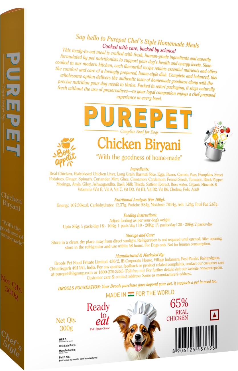 Purepet Fresh Dog Food Chicken Biryani, for Adult & Puppy, 300gm | High Protein, 65% Real Chicken, 35% Veggies & Rice | No Preservatives | Ready to Serve | All Breeds | One Pack One Meal
