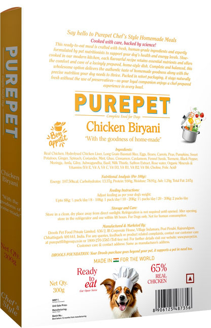 Purepet Fresh Dog Food Chicken Biryani, for Adult & Puppy, 300gm | High Protein, 65% Real Chicken, 35% Veggies & Rice | No Preservatives | Ready to Serve | All Breeds | One Pack One Meal