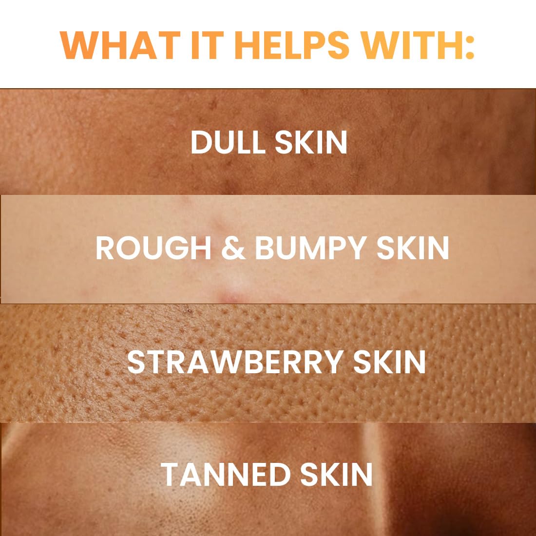 Text overlay on skin texture images indicating benefits for various skin types.