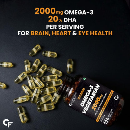 Omega-3 capsules with a bottle on a dark background, highlighting health benefits.