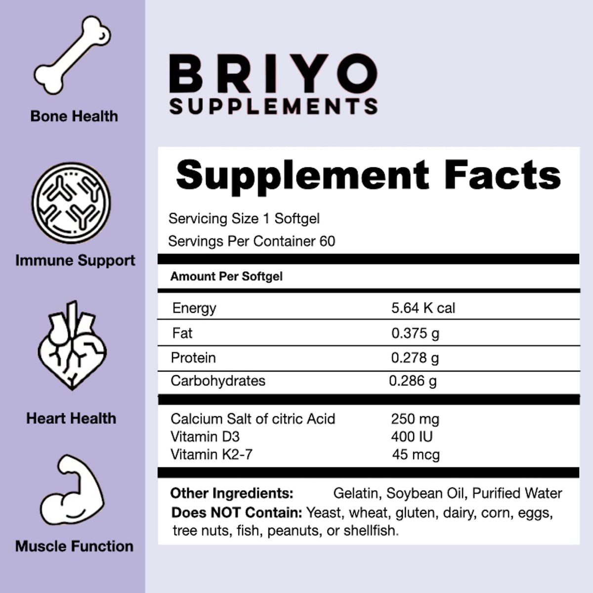 Briyo Supplements label with supplement facts and health benefits on a light purple background