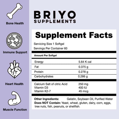 Briyo Supplements label with supplement facts and health benefits on a light purple background
