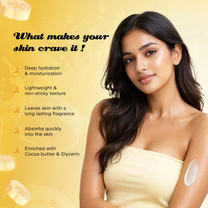 Woman with a product application on her arm against a yellow background with text about skincare benefits.