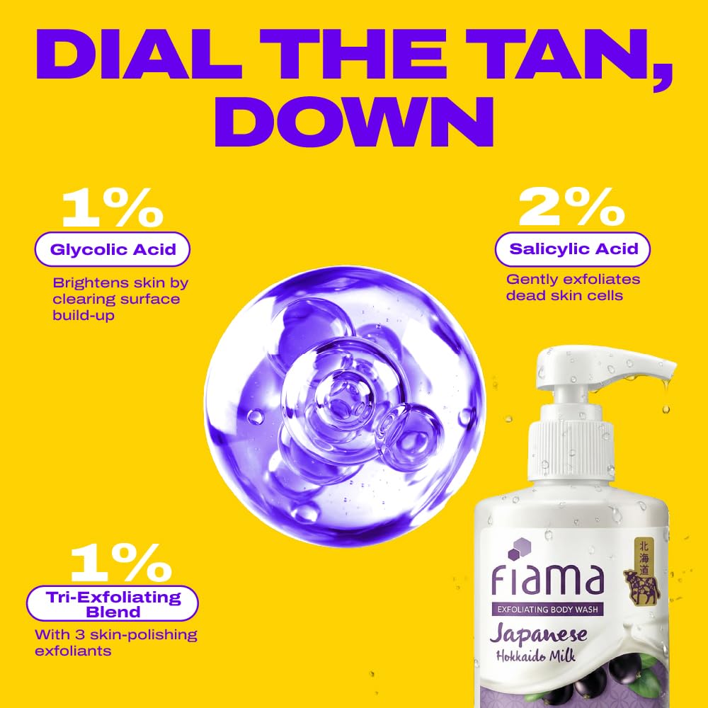 Fiama 4% Detan Serum Exfoliating Body Wash 250ml, 2% Salicylic Acid, 1% Glycolic Acid, 1% Exfoliating Tan Removal Shower Gel, Gently removes dead skin | Exotic Japanese Hokkaido Milk, Punchy Grapefruit Fragrance
