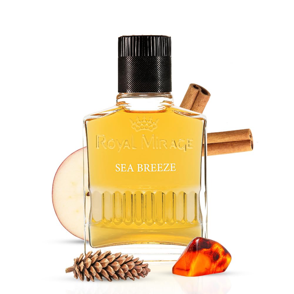 Perfume bottle labeled 'Royal Mirage Sea Breeze' with decorative elements on a white background