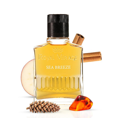 Perfume bottle labeled 'Royal Mirage Sea Breeze' with decorative elements on a white background