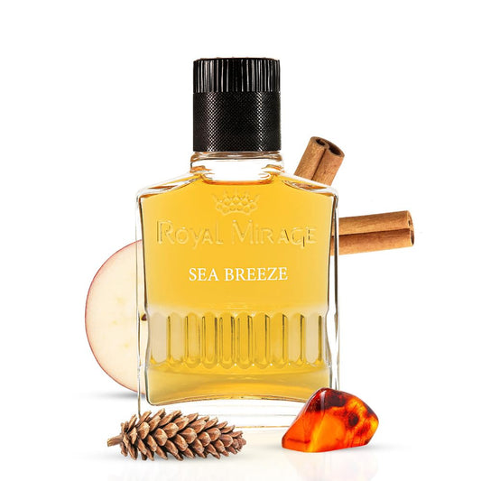 Perfume bottle labeled 'Royal Mirage Sea Breeze' with decorative elements on a white background