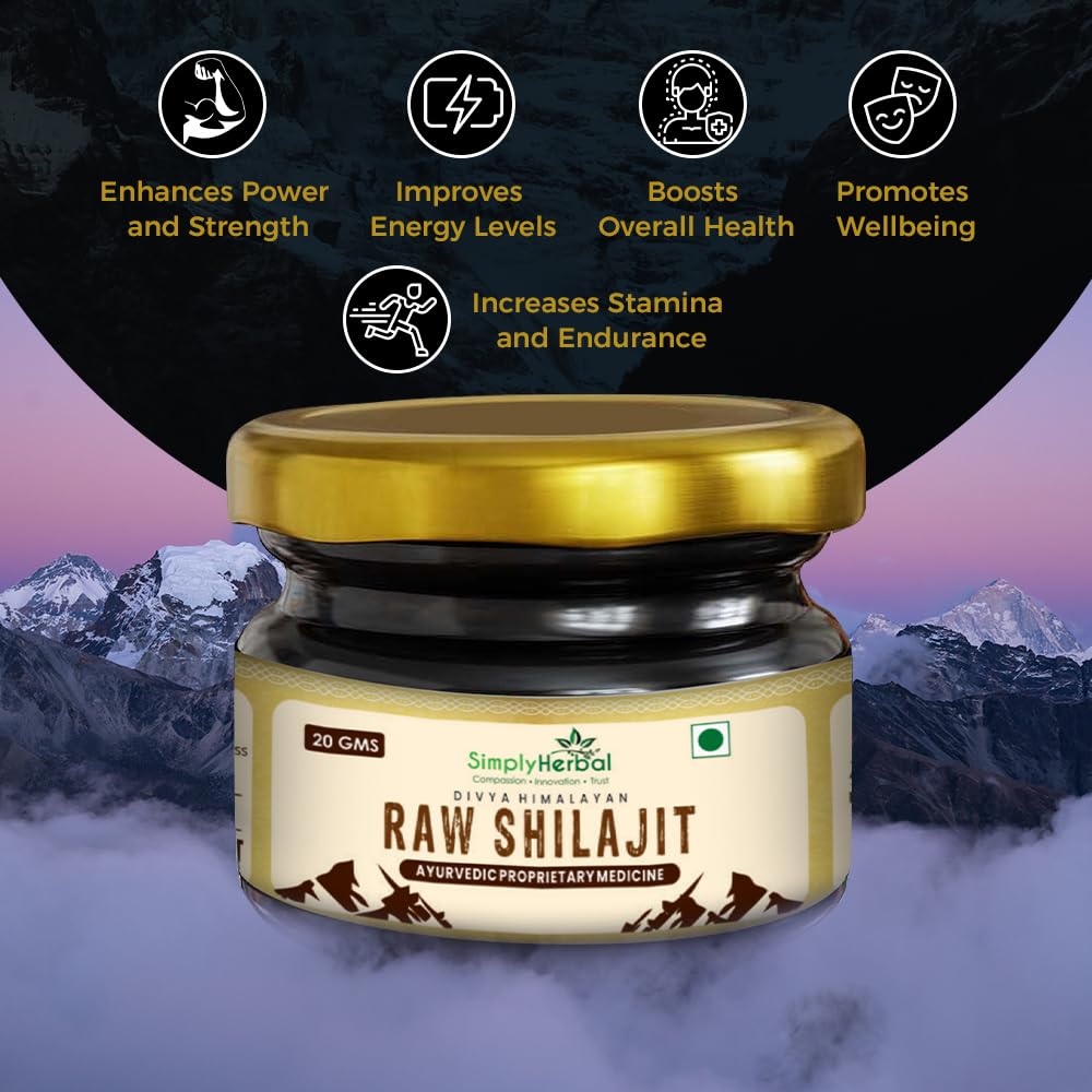 Simply Herbal Natural Divya Himalayan Raw Shilajit/Shilajeet Resin 20g | Improve Strength & Stamina for Men & Women | Performance Booster for Endurance & Stamina | 100% Pure Shilajit Resin