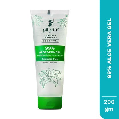 PILGRIM Korean 99% Pure Aloe Vera Gel 200ml with Vitamin E & Vitamin B5 for Face & Hair | Hydrates & Soothes Skin | Conditions & Softens Hair | Free from Parabens, Sulphates, Mineral Oils & Fragrance I For Women and Men