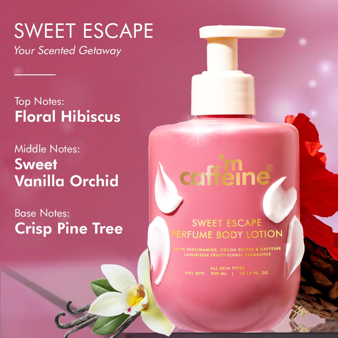 Pink bottle of 'im caffeine' Sweet Escape perfume body lotion with floral elements on a pink background
