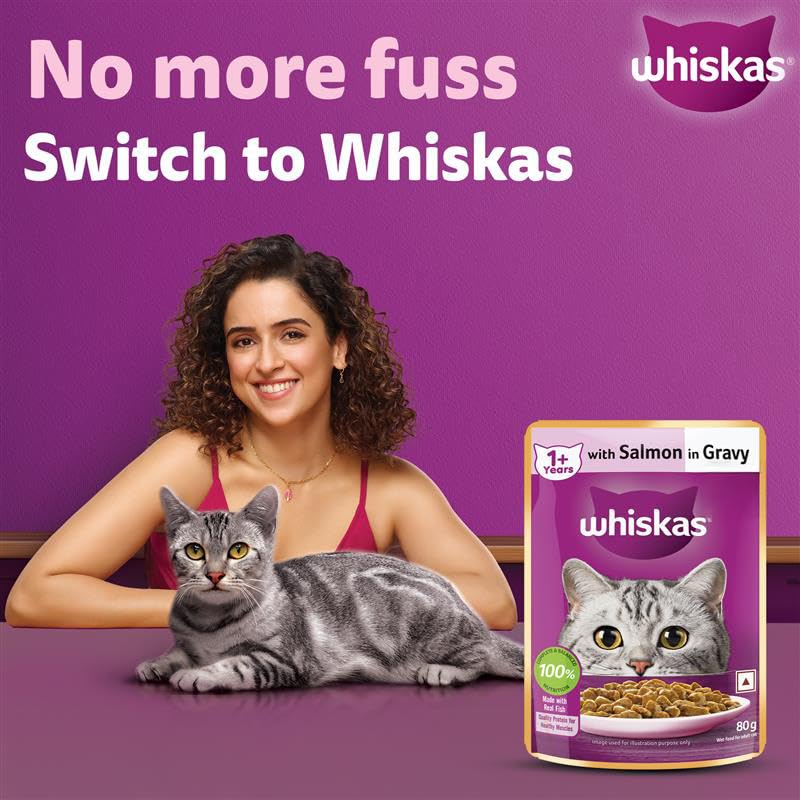 Whiskas Adult (1+ Years) Wet Cat Food, Salmon in Gravy, 80 g Hydrating Food Made With Real Fish, 100% Complete & Balanced Nutrition for Adult Cats