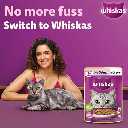 Whiskas Adult (1+ Years) Wet Cat Food, Salmon in Gravy, 80 g Hydrating Food Made With Real Fish, 100% Complete & Balanced Nutrition for Adult Cats