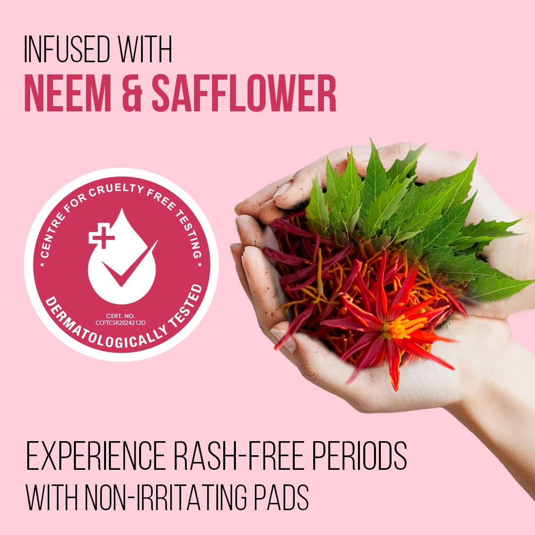 Product packaging with neem and safflower, showing a hand holding leaves and flowers against a pink background.