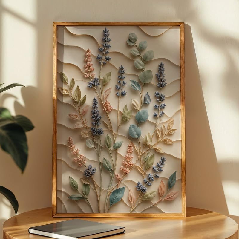 Floral Botanical Wall Painting with Frame | Premium Textured Flower & Leaf Artwork, Pastel Nature Wall Decor Framed for Living Room Bedroom Office and Home Decoration (Art-1,13x19inch)