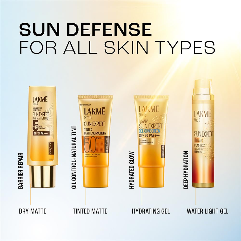 Lakme Sun Expert sunscreen products with different textures and finishes on a gradient background.