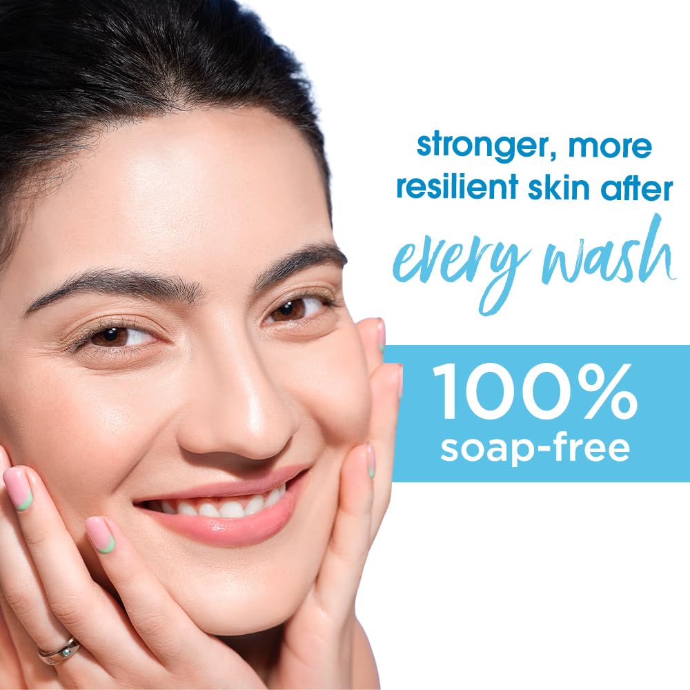Woman with smooth skin holding her face, with text about soap-free skincare.