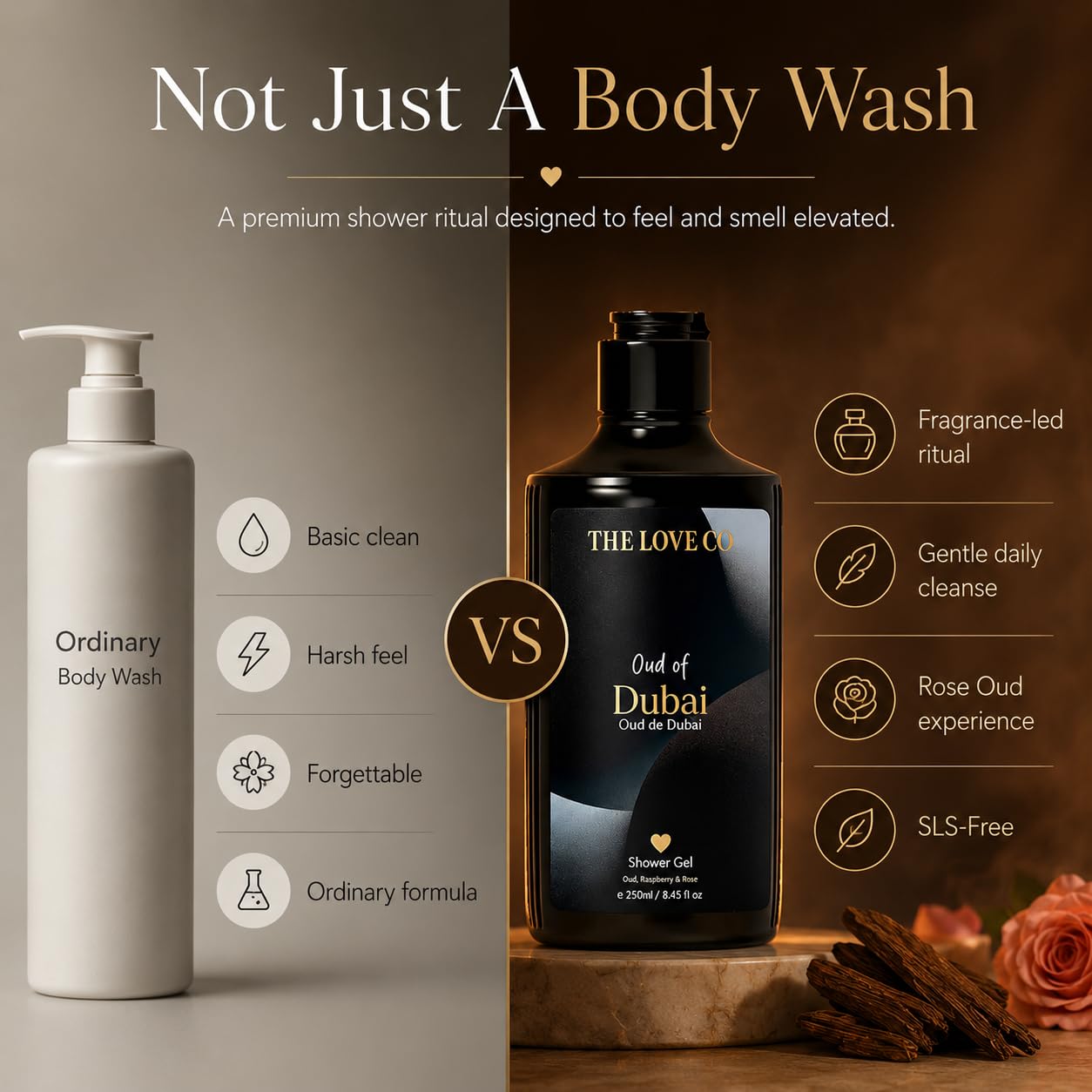 THE LOVE CO Oud of Dubai Body Wash 250ml | Luxury Oud Shower Gel for Men & Women | Hydrating Body Cleanser with Niacinamide & Shea Butter | Paraben Free Daily Bath & Shower Gel