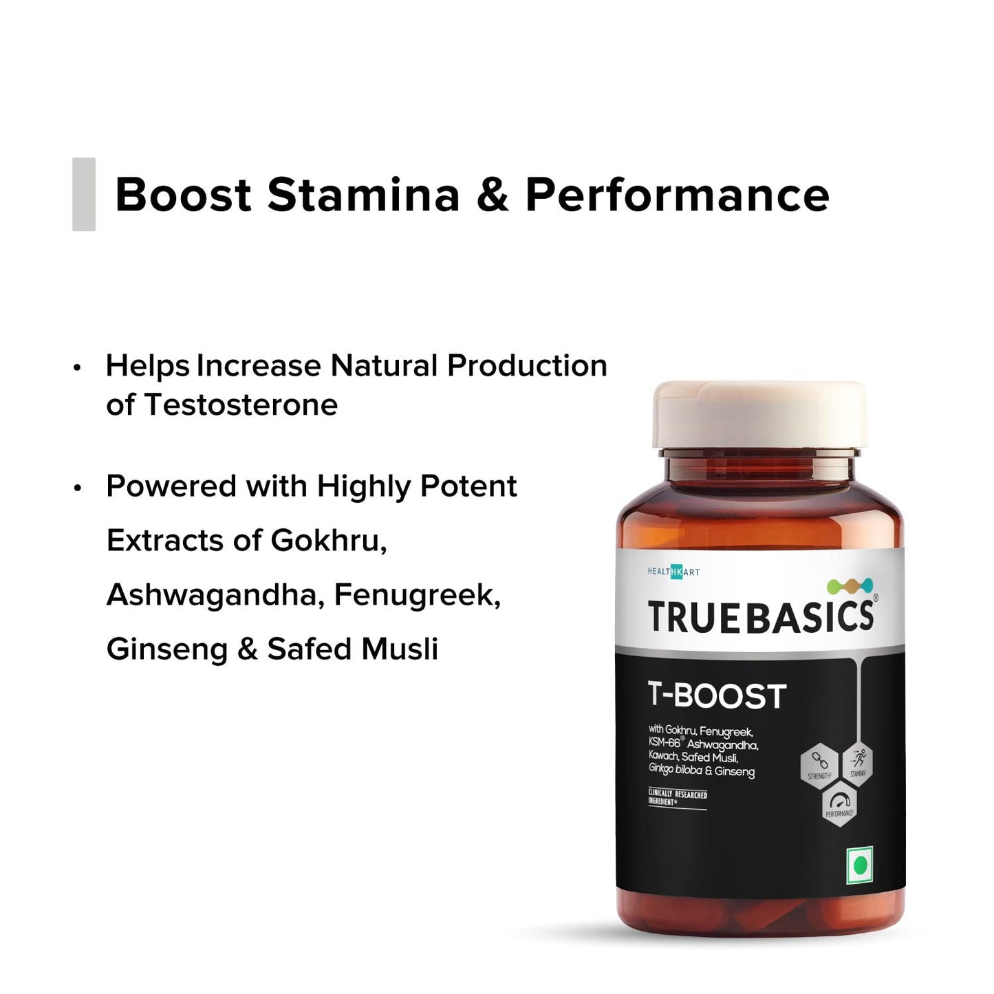 TrueBasics T-Boost supplement bottle with product benefits on a white background
