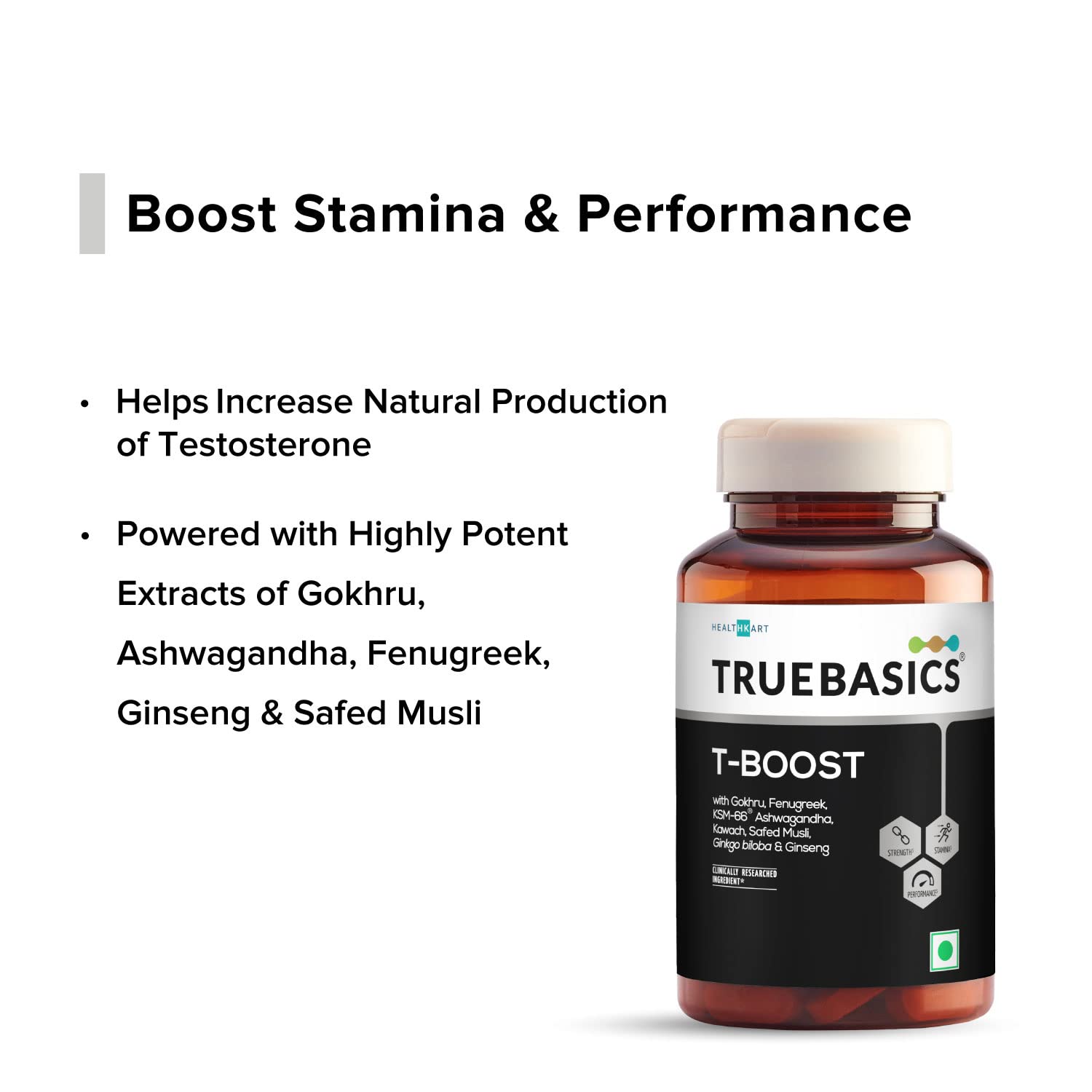 TrueBasics T-Boost supplement bottle with product benefits on a white background