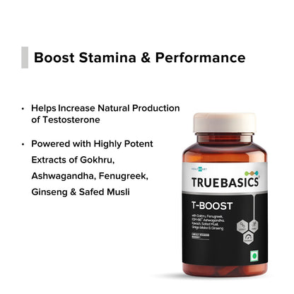 TrueBasics T-Boost supplement bottle with product benefits on a white background