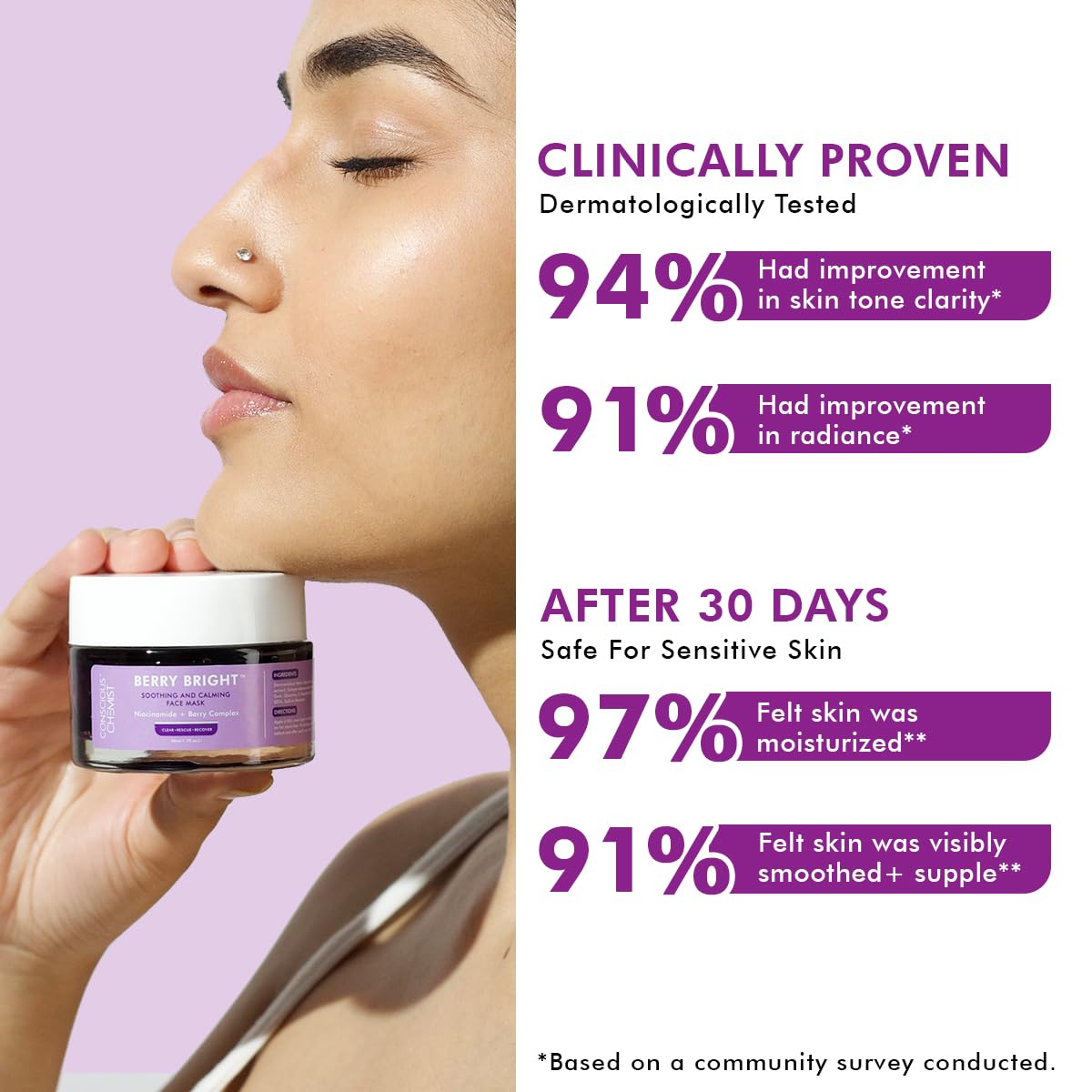 Woman holding a purple skincare jar with clinical improvement statistics on a light purple background