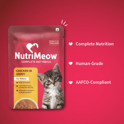 NutriMeow Chicken in Gravy Wet Kitten Food - 80gm | Protein-Packed, Healthy & Tasty Cat Pouch | Complete & Balanced Nutrition for Growing Kittens | Suitable for Persian & All Cat Breeds