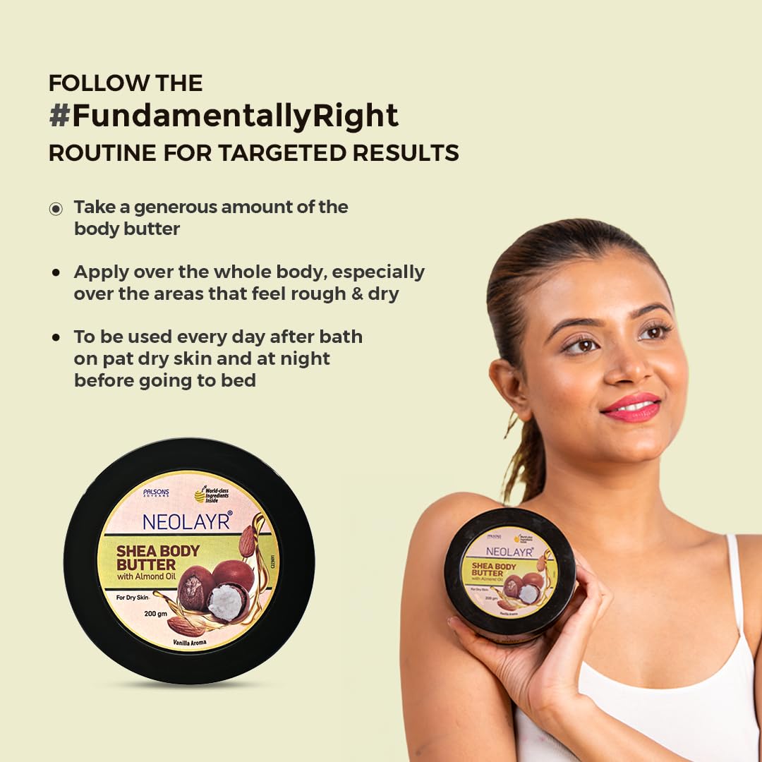 NEOLAYR SHEA BODY BUTTER 200 GM - Neolayr Pro Shea Body Butter with Sweet Almond Oil, richly nourishes dry, dehydrated skin, giving way to soft and supple skin