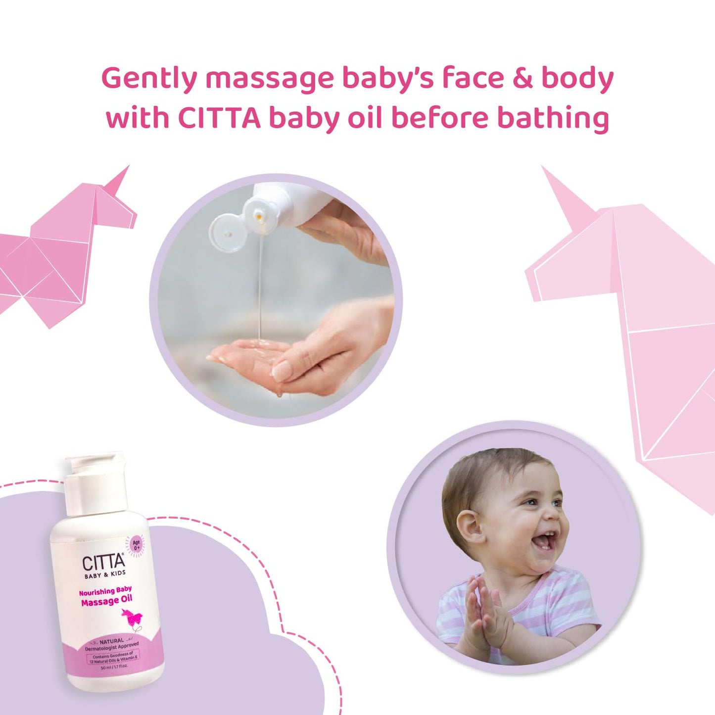 CITTA Natural Baby Massage Oil for New born & Kids | Enriched With Coconut, Olive & Almond oil for baby massage | Promote sleep and growth | Non-Sticky Baby Oil | 50 ml