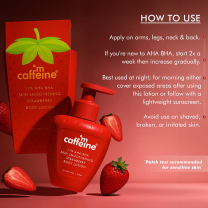 Red 'm caffeine' body lotion with packaging and strawberries on a red background