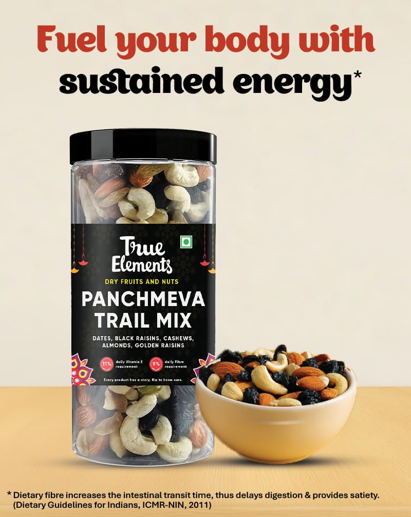True Elements Panchmeva 1.2kg - Fasting Special Trail Mix | Premium Dry Fruits | 5 Nuts - Almonds, Cashews, Dates, Raisins, Black Currant | Dry Fruits Mix | Healthy Snacks
