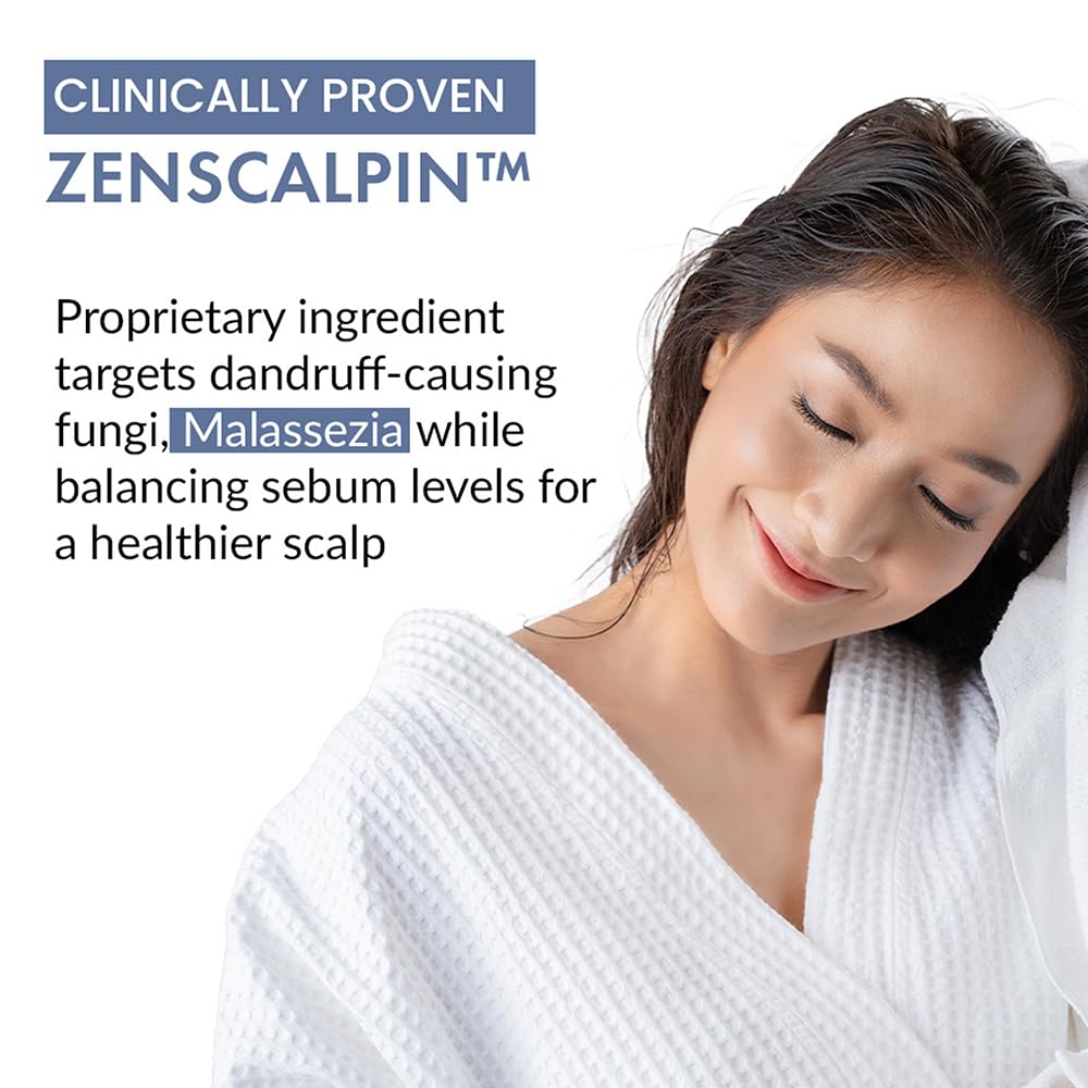 Woman wrapped in a white towel with text about Zenscalpin, a scalp care product.